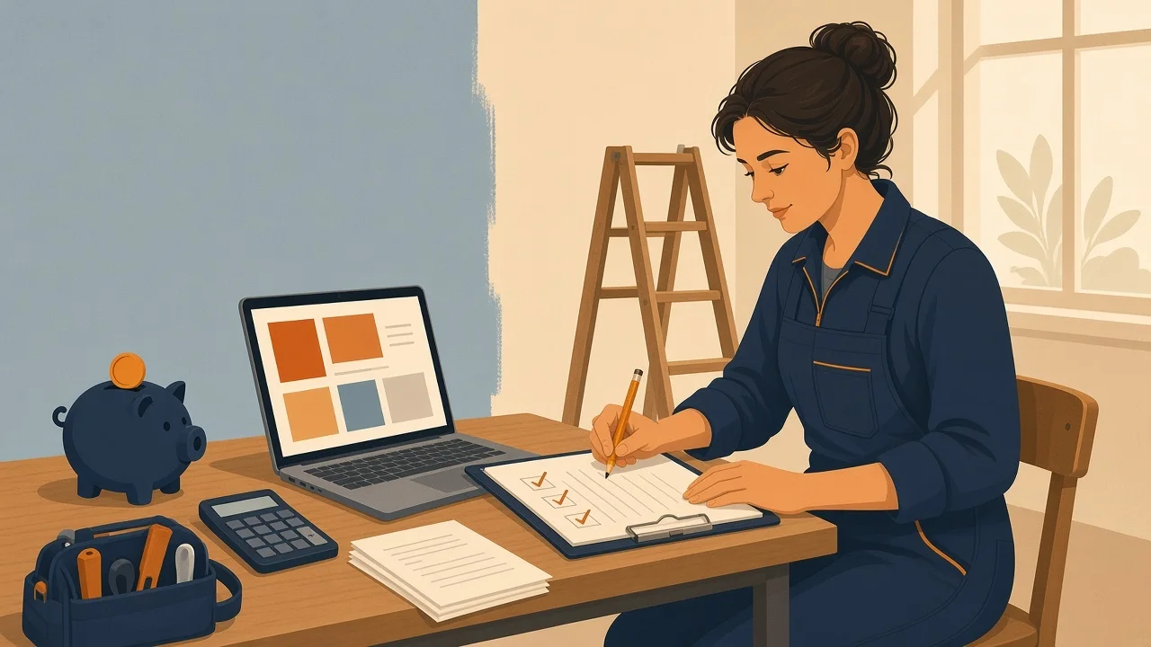 Artisane faisant ses comptes à son bureau avec un ordinateur, une calculatrice et une tirelire