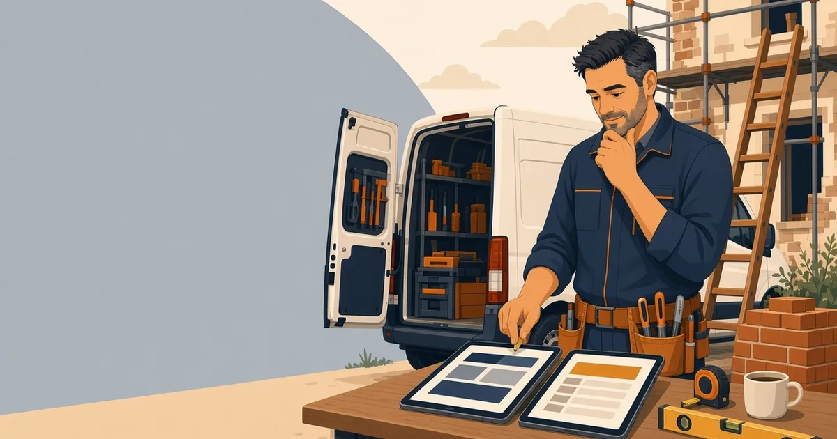 Artisan du bâtiment comparant deux tablettes affichant des devis, à son bureau