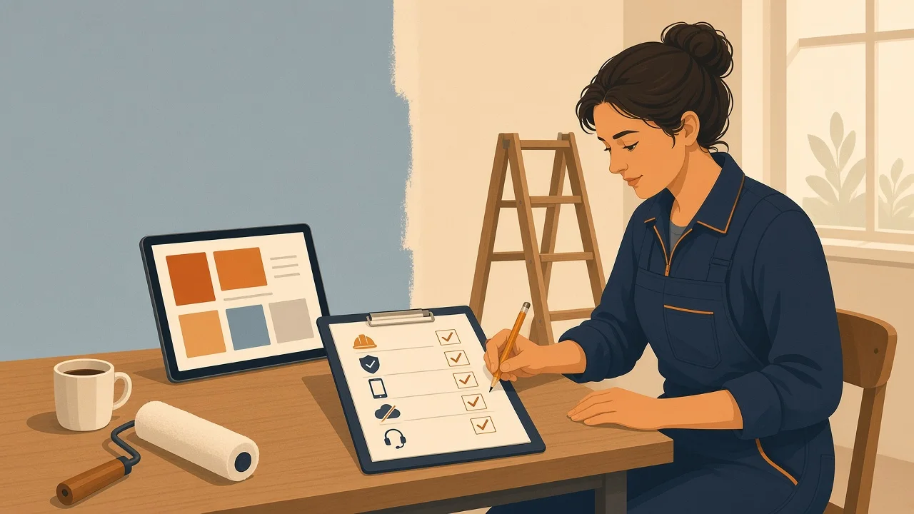 Artisane cochant une liste de critères illustrés : métier, conformité, mobile, hors connexion et assistance