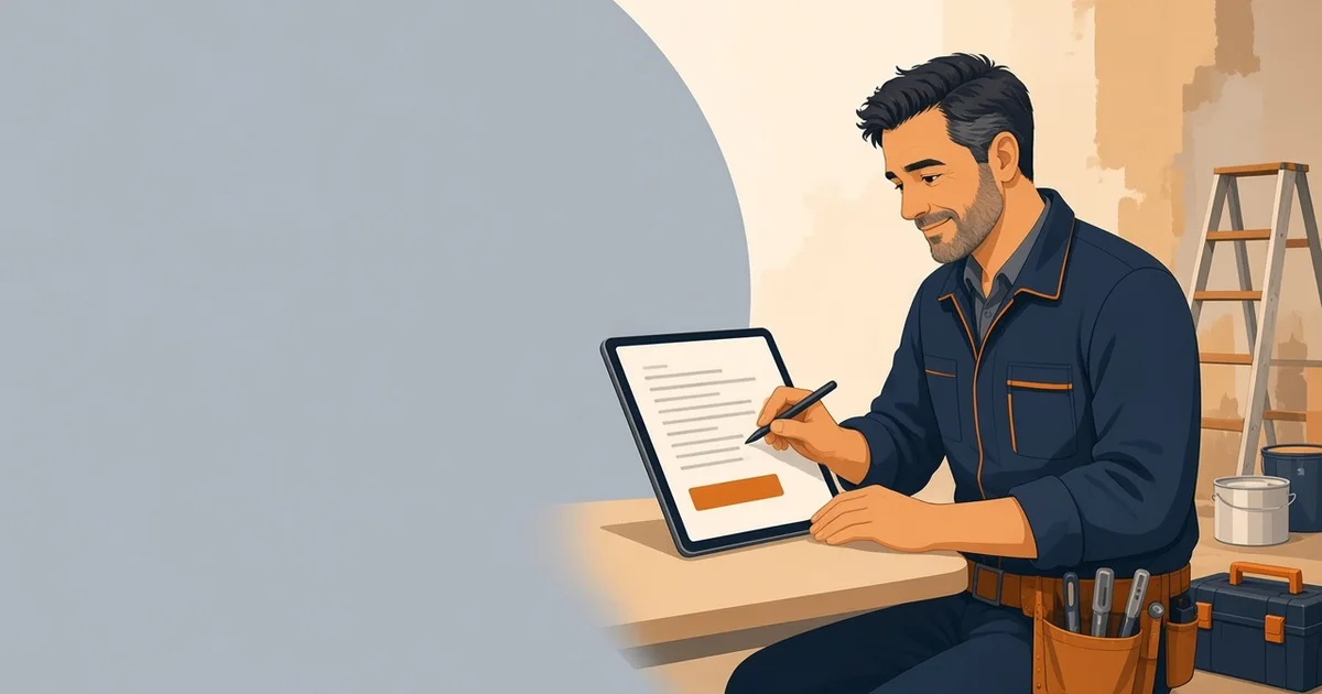 Artisan du bâtiment préparant un devis sur sa tablette dans une maison en rénovation