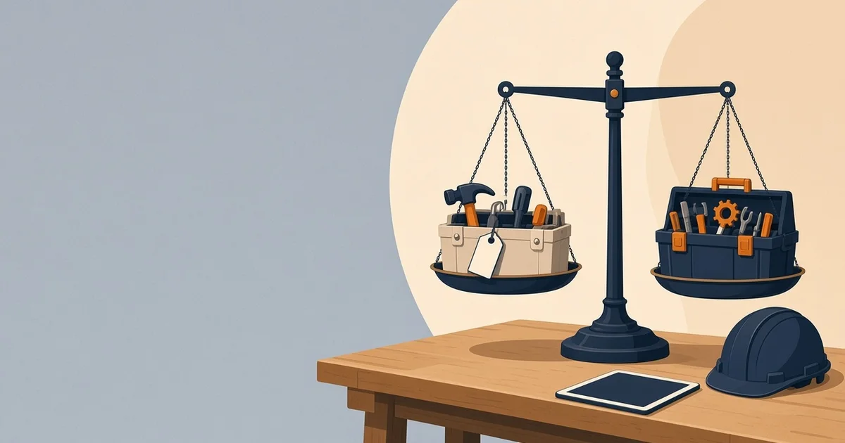 Balance sur un établi avec d'un côté une petite caisse à outils légère et de l'autre une caisse à outils complète