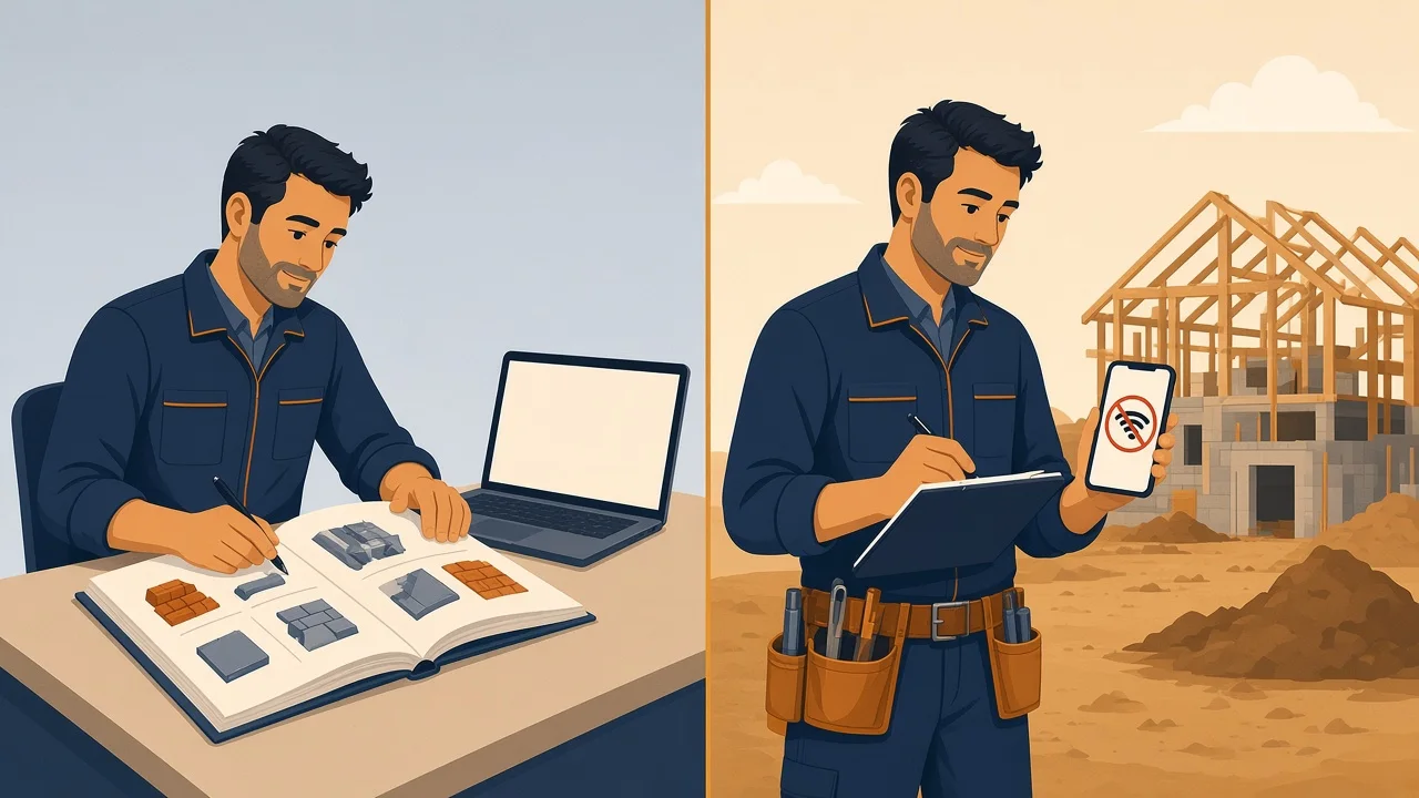 Deux façons de travailler : à gauche un artisan au bureau avec un catalogue d'ouvrages, à droite un artisan sur un chantier avec un smartphone sans réseau