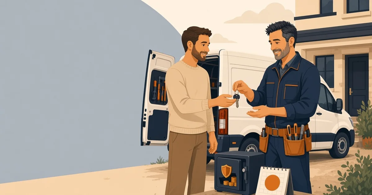 Artisan remettant les clés d'une maison rénovée à son client, à côté d'un petit coffre contenant la retenue de garantie