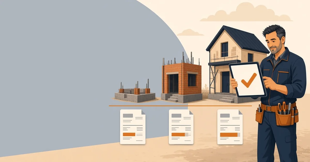 Maison en construction en trois étapes, avec sous chaque étape une facture de situation qui progresse